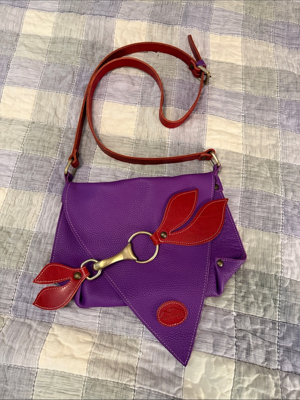 Purple Leather Crossbody Bag with Red Accent Strap